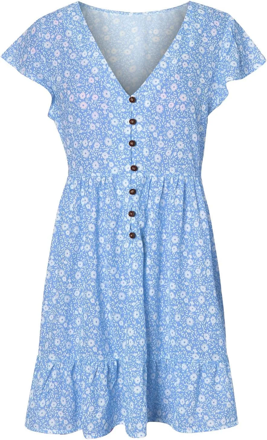 tuduoms Womens Summer Ruffle Mini Dress Cap Short Sleeves Ditsy Floral V Neck Button Beach Casual Loose Pleated Tiered Dress