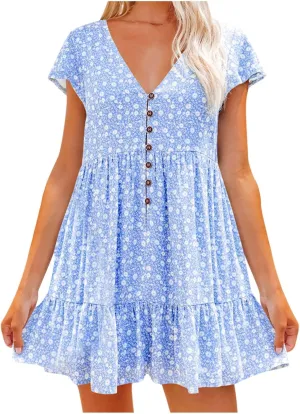 tuduoms Womens Summer Ruffle Mini Dress Cap Short Sleeves Ditsy Floral V Neck Button Beach Casual Loose Pleated Tiered Dress