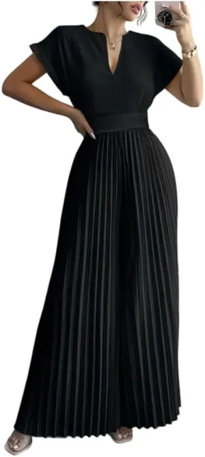 UOOZEE Women's 2025 Wide Leg Jumpsuits Long Flowy Pleated Romper Jumper Short Sleeve V Neck Dressy Overalls Jumpsuit