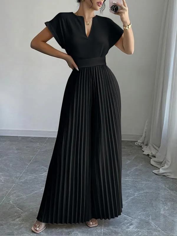UOOZEE Women's 2025 Wide Leg Jumpsuits Long Flowy Pleated Romper Jumper Short Sleeve V Neck Dressy Overalls Jumpsuit