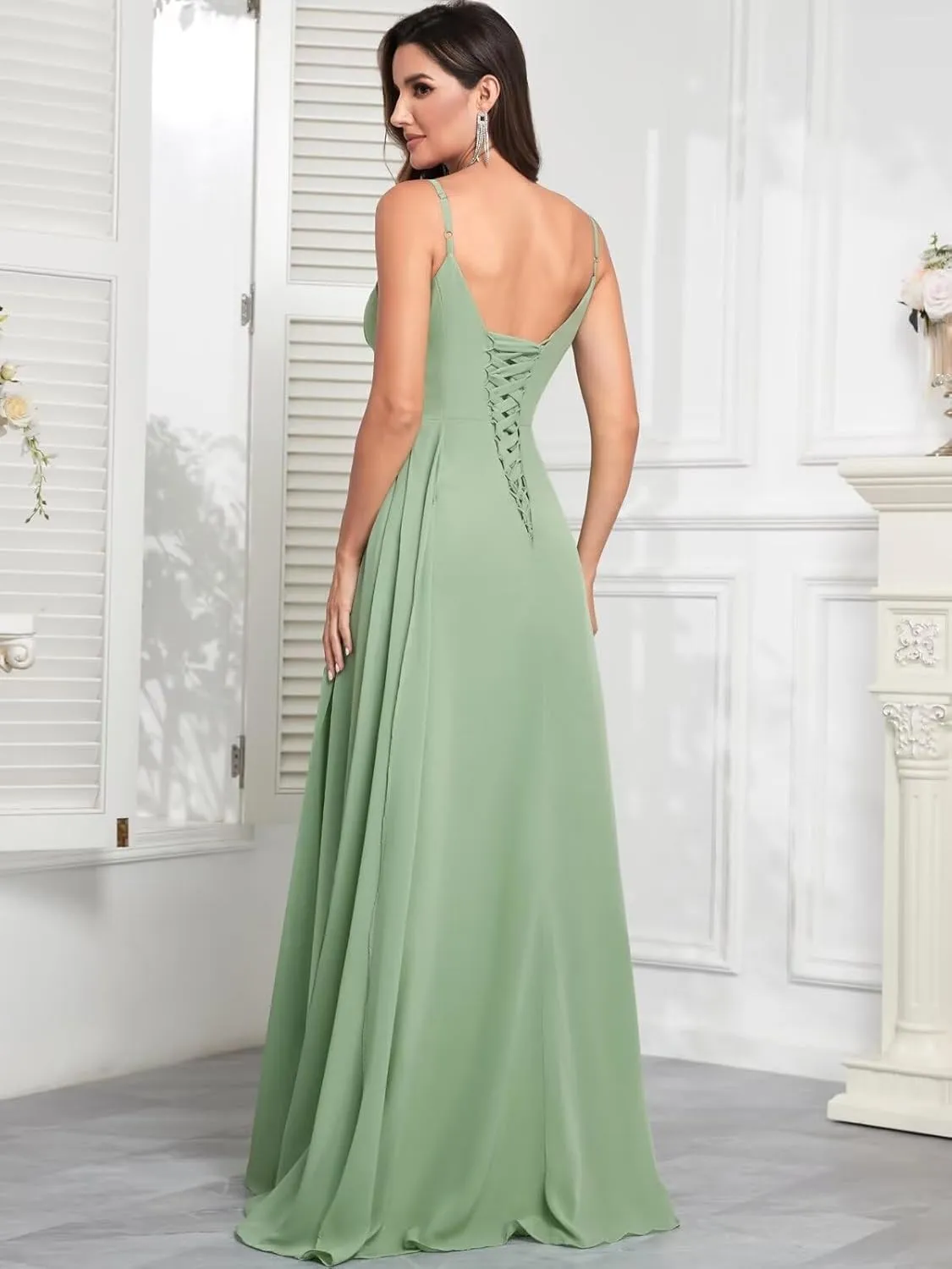 V Neck Chiffon Bridesmaid Dresses for Women A Line Pleated Ruffle Formal Evening Dresses with Slit
