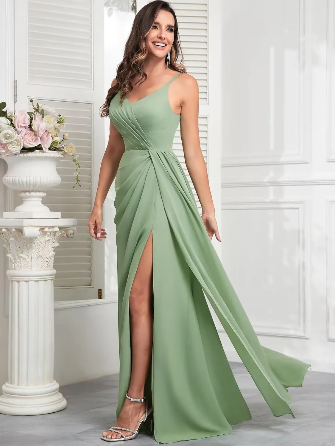 V Neck Chiffon Bridesmaid Dresses for Women A Line Pleated Ruffle Formal Evening Dresses with Slit