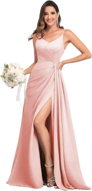 V Neck Chiffon Bridesmaid Dresses for Women A Line Pleated Ruffle Formal Evening Dresses with Slit