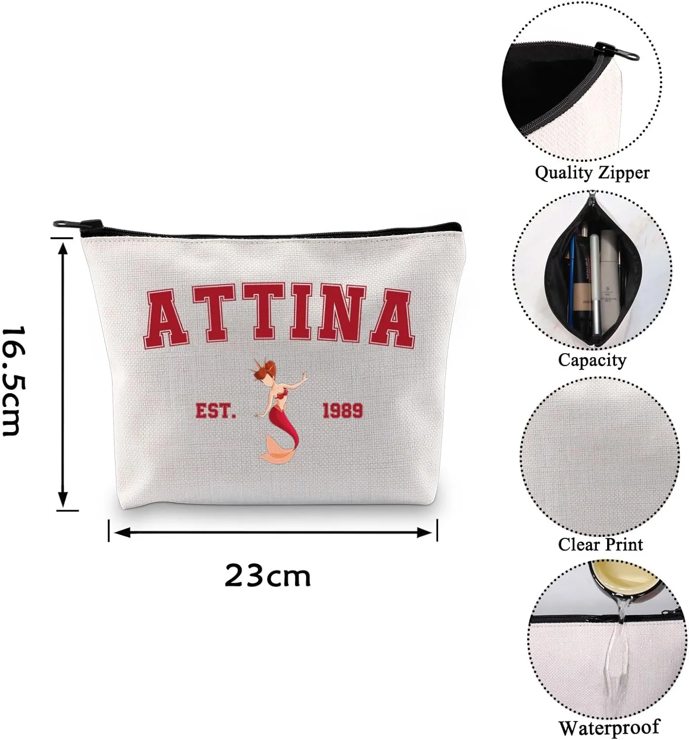 VAMSII Princess Mermaid Makeup Bag Daughters of King Triton Cosmetic Bag Fairy Tales Movie Gifts for Fans (ATTINA 1989)