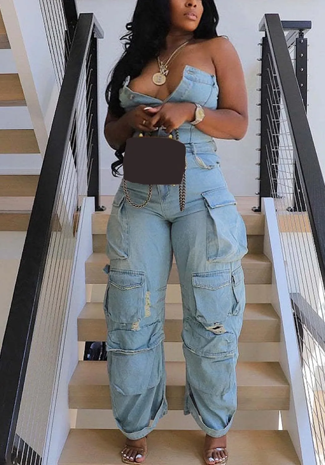Voghtic Denim Jumpsuit for Women Sexy Off Shoulder V Neck Button Down Cargo Jean Jumpsuit One Piece Outfits