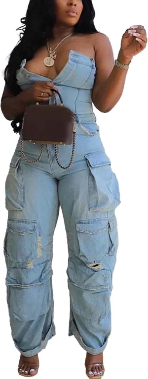 Voghtic Denim Jumpsuit for Women Sexy Off Shoulder V Neck Button Down Cargo Jean Jumpsuit One Piece Outfits