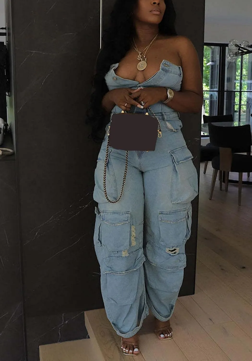 Voghtic Denim Jumpsuit for Women Sexy Off Shoulder V Neck Button Down Cargo Jean Jumpsuit One Piece Outfits