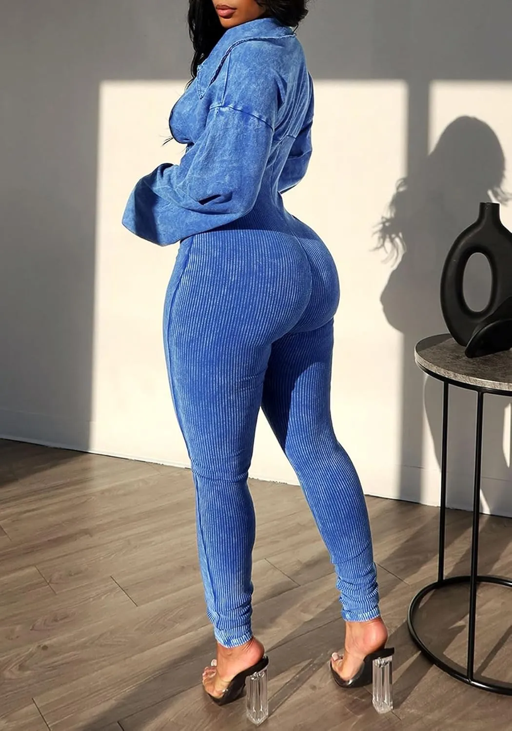Voghtic Women's Sexy v Neck Bodycon Jumpsuit Distressed Long Sleeve Full Length Leggings Stretch One Piece Outfits