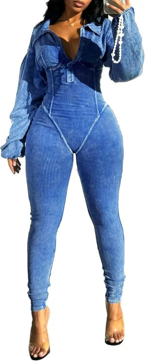 Voghtic Women's Sexy v Neck Bodycon Jumpsuit Distressed Long Sleeve Full Length Leggings Stretch One Piece Outfits