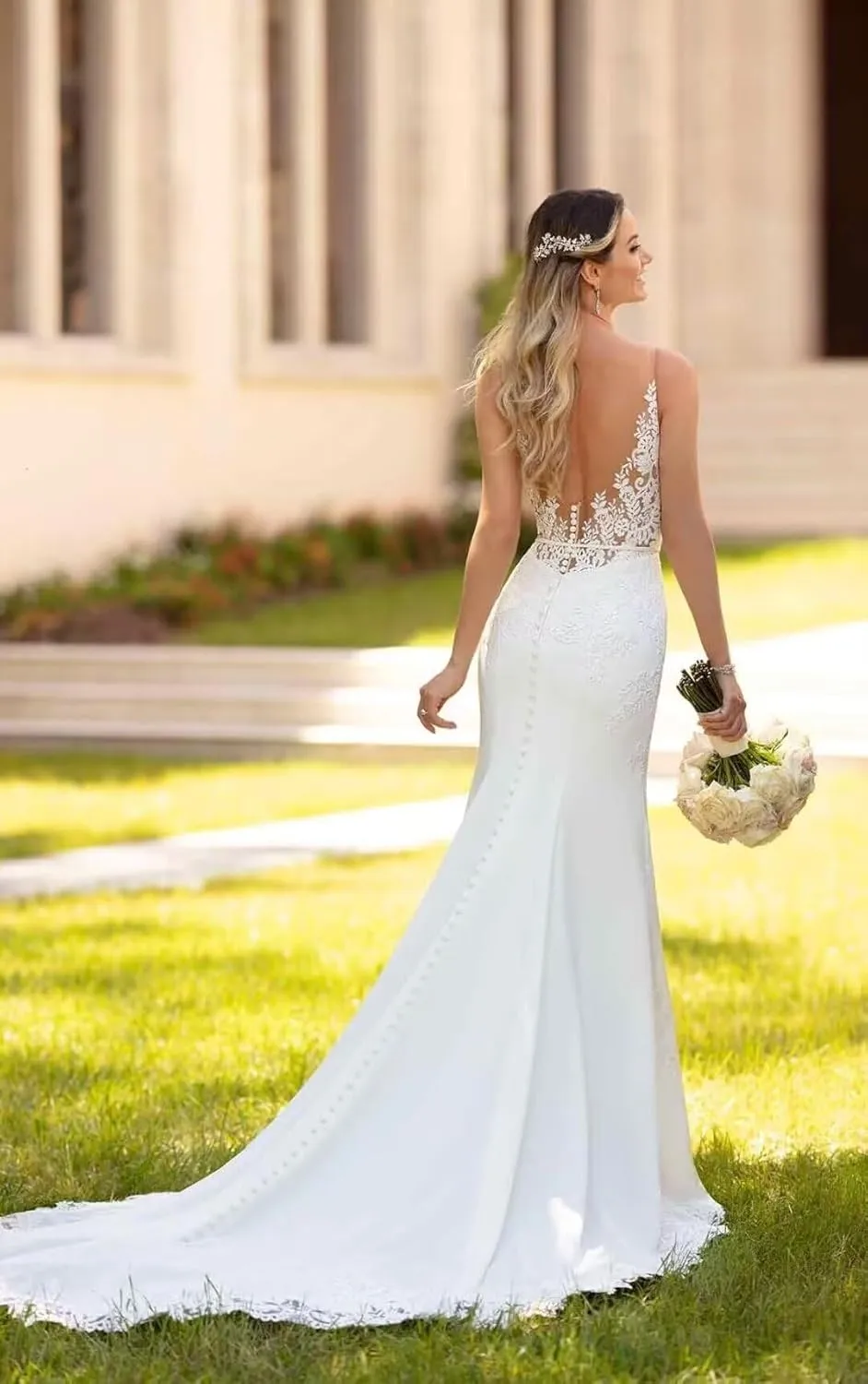 Wedding Dresses for Bride 2024 Boho Beach Lace Appliques Mermaid Beaded V Neck Bridal Gown for Women with Train