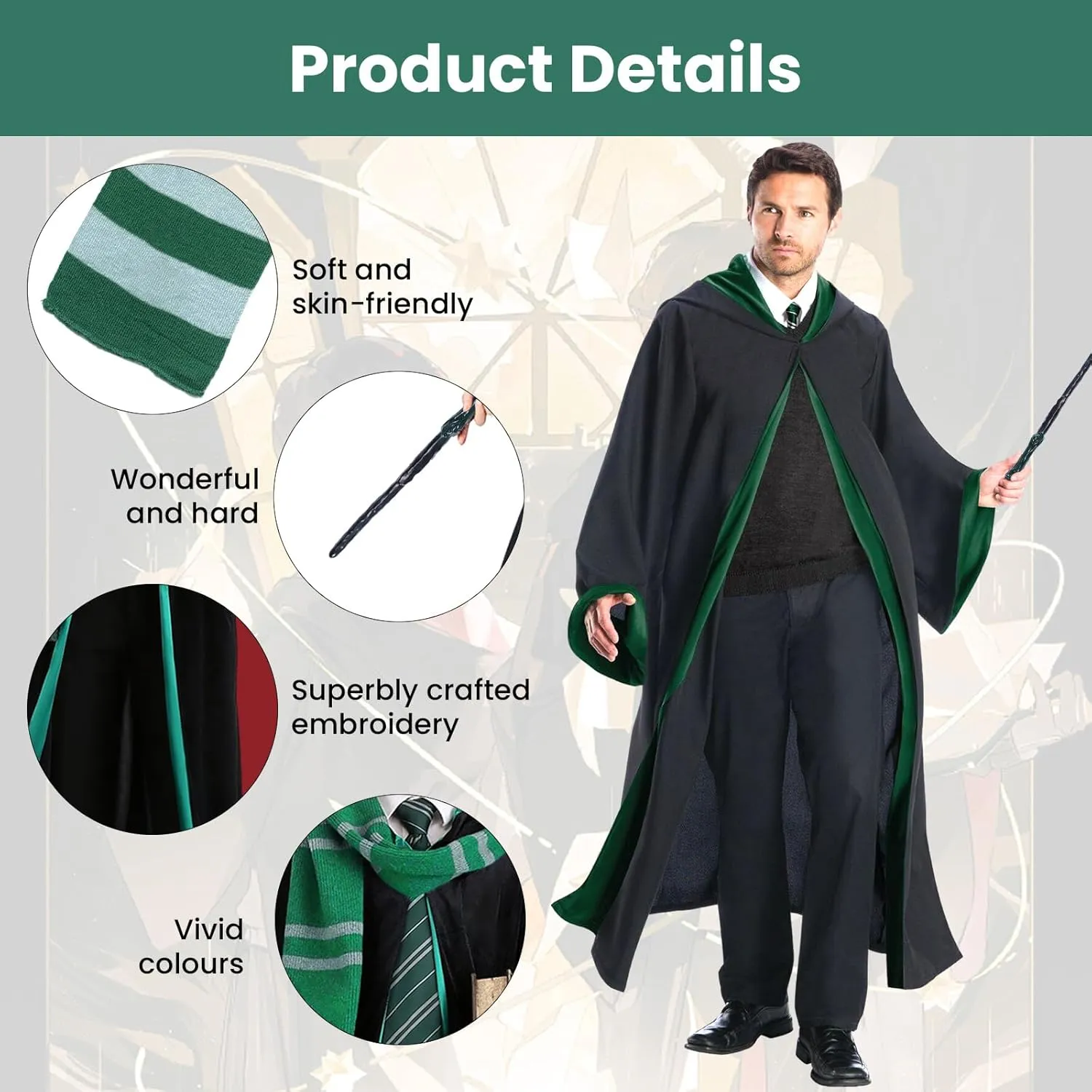 Wizard Costume Cosplay Set, Wizard Cloak Robe for Adults Teens, Wizarding Halloween Costume Accessories for Party