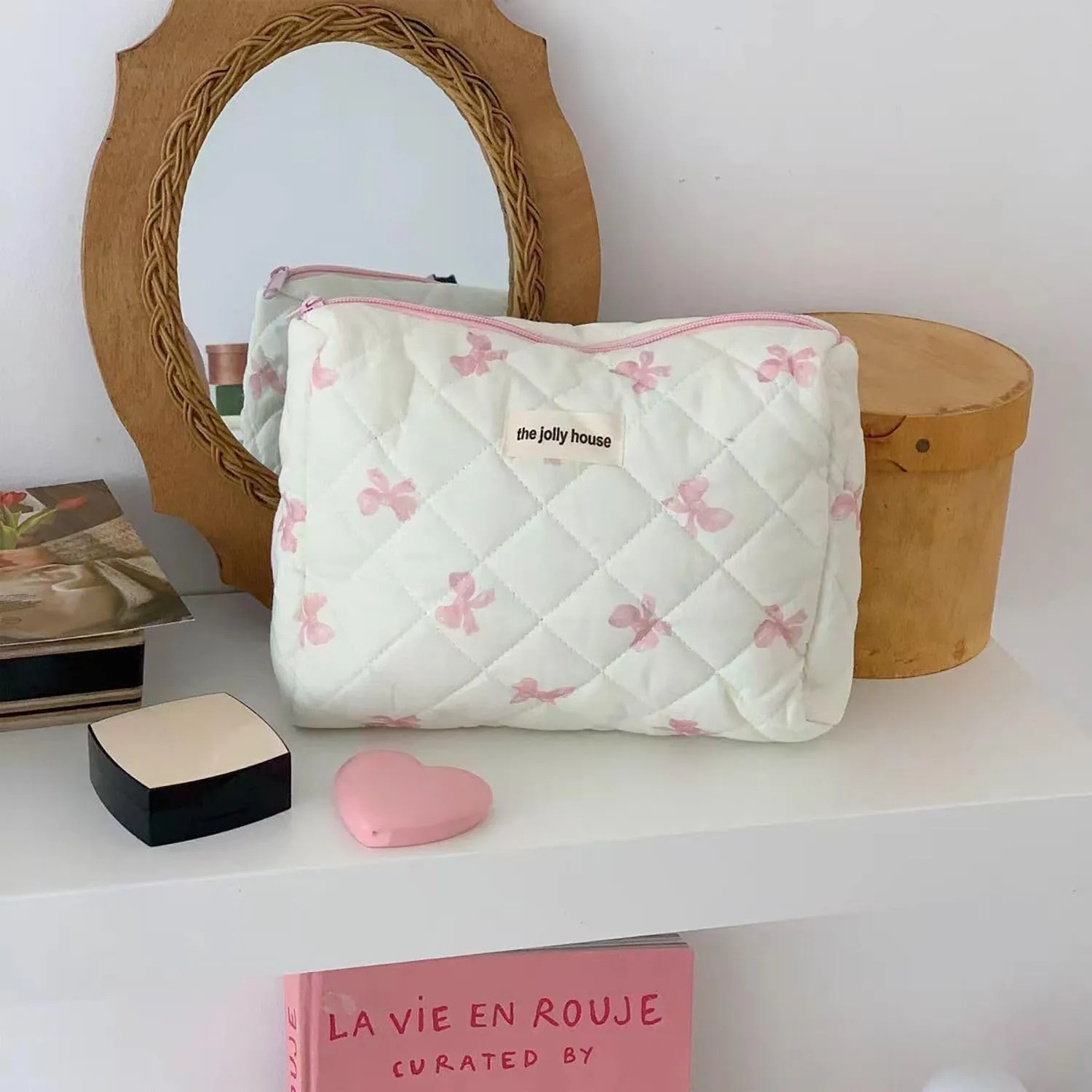 Women Cute Coquette Cosmetic Bag Quilted Bow Tie Cosmetics Pouch Fairycore Puffy Makeup Bag Preppy Zipper Pouch (S,Pink)