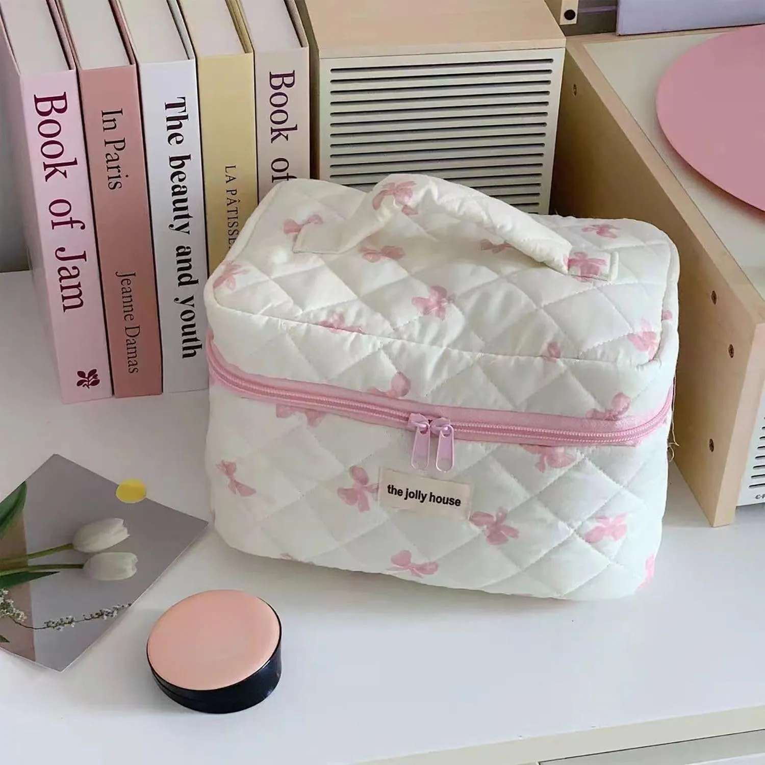 Women Cute Coquette Cosmetic Bag Quilted Bow Tie Cosmetics Pouch Fairycore Puffy Makeup Bag Preppy Zipper Pouch (S,Pink)
