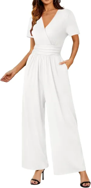 Women Jumpsuits Dressy Casual 2025 Summer Short Sleeve Wide Leg Pants High Waist Side Ruched Romper