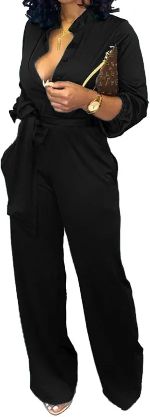 Women Jumpsuits For Elegant Sexy V Neck Long Sleeve Casual for Work Wide Leg Pants with Pockets Belt