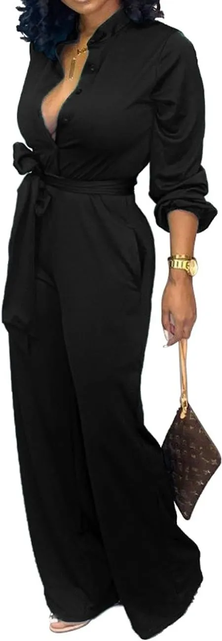 Women Jumpsuits For Elegant Sexy V Neck Long Sleeve Casual for Work Wide Leg Pants with Pockets Belt