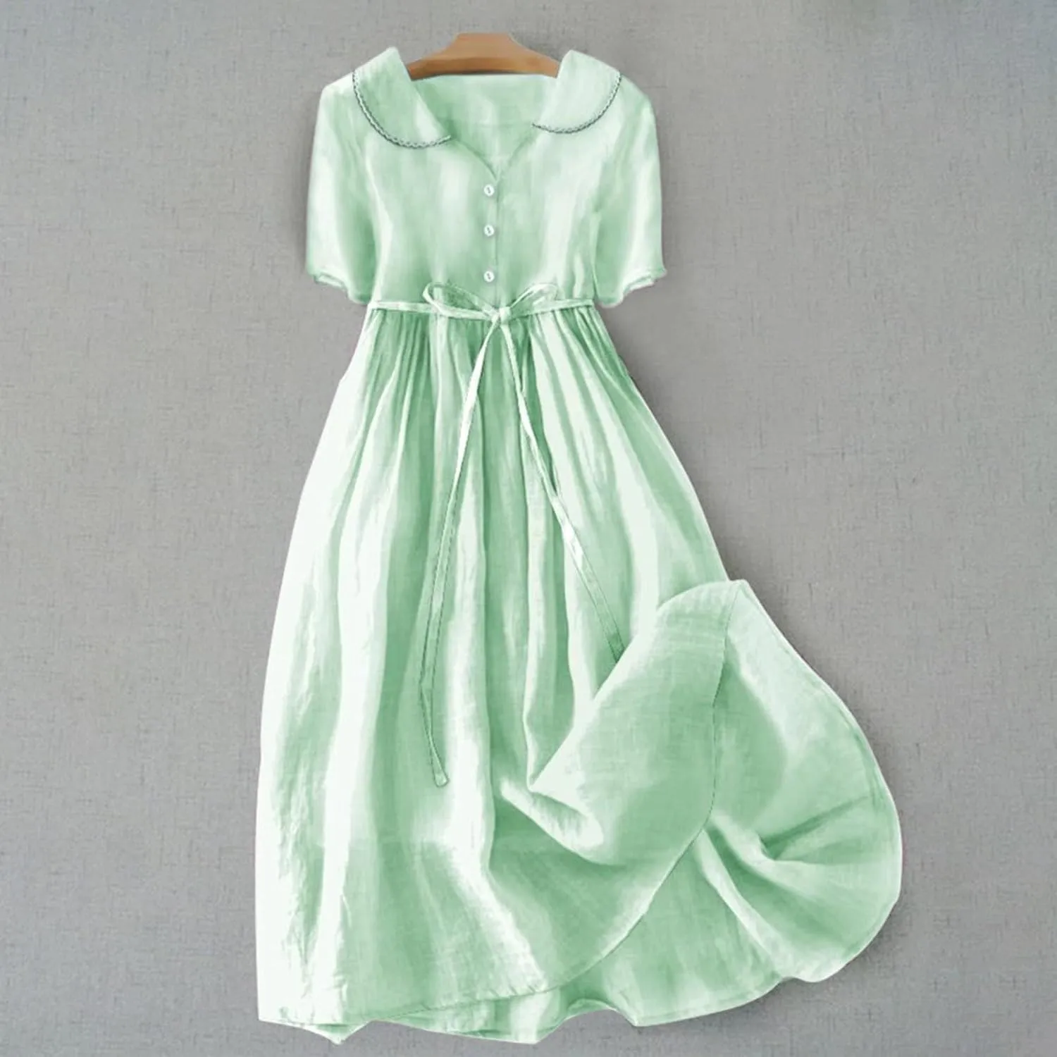 Women Korean Style Dresses Lace-Up Waist-Defined Henley Shirt Midi Dress Summer Half Sleeve Trendy A-Line Dress