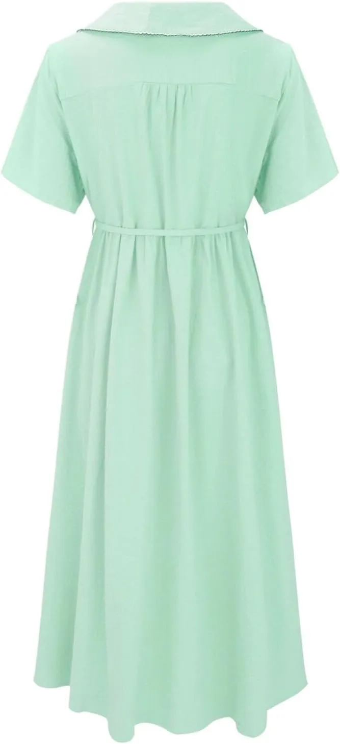 Women Korean Style Dresses Lace-Up Waist-Defined Henley Shirt Midi Dress Summer Half Sleeve Trendy A-Line Dress
