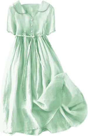 Women Korean Style Dresses Lace-Up Waist-Defined Henley Shirt Midi Dress Summer Half Sleeve Trendy A-Line Dress