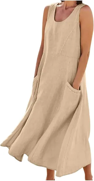Women Midi Dresses Fashion Beach Sundress Solid Cotton Linen Sleeveless Long Dress Summer Daily Casual Maxi Dress