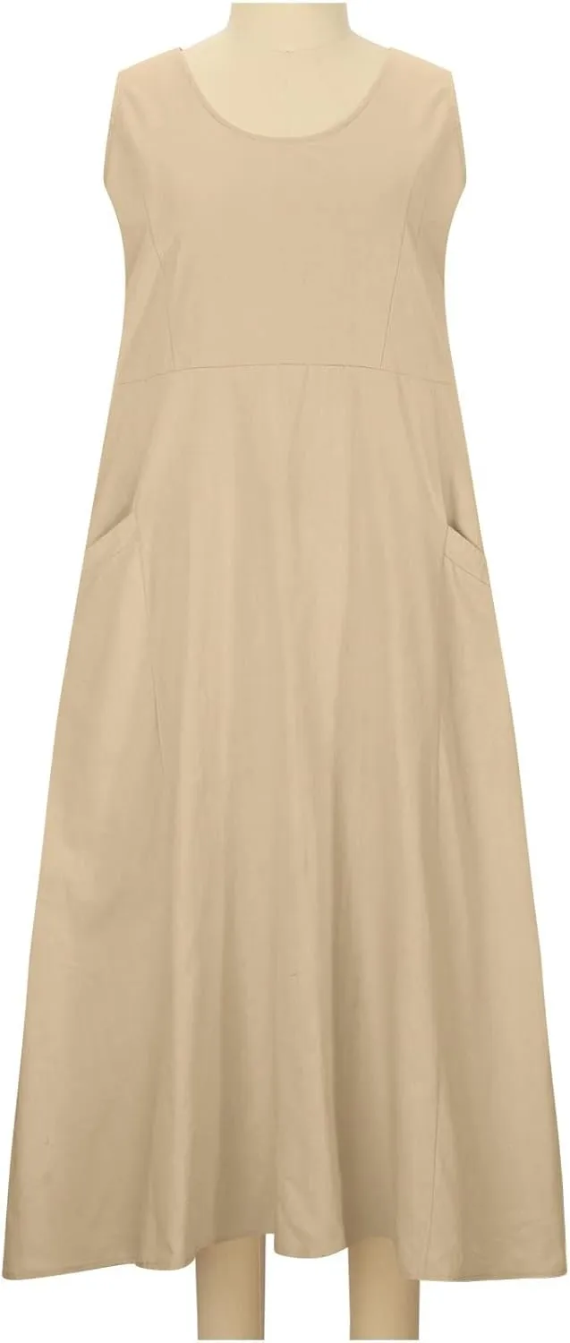 Women Midi Dresses Fashion Beach Sundress Solid Cotton Linen Sleeveless Long Dress Summer Daily Casual Maxi Dress