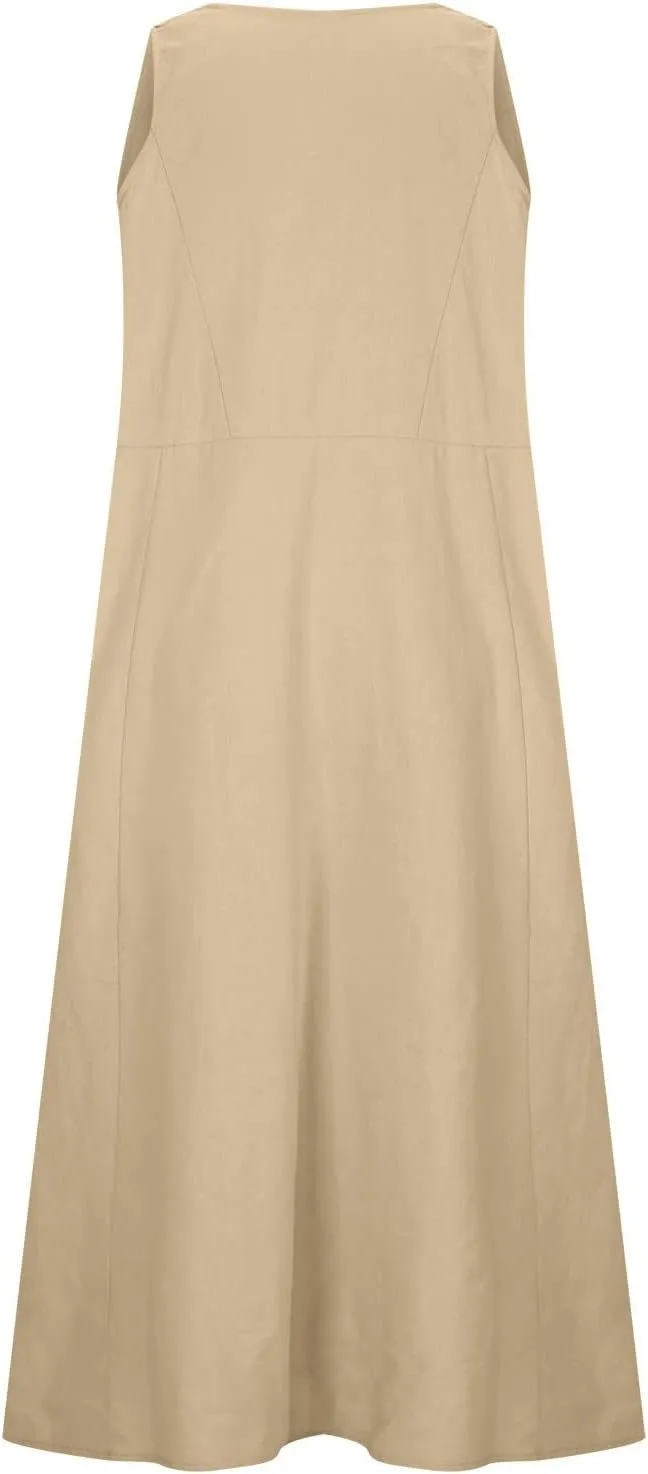 Women Midi Dresses Fashion Beach Sundress Solid Cotton Linen Sleeveless Long Dress Summer Daily Casual Maxi Dress