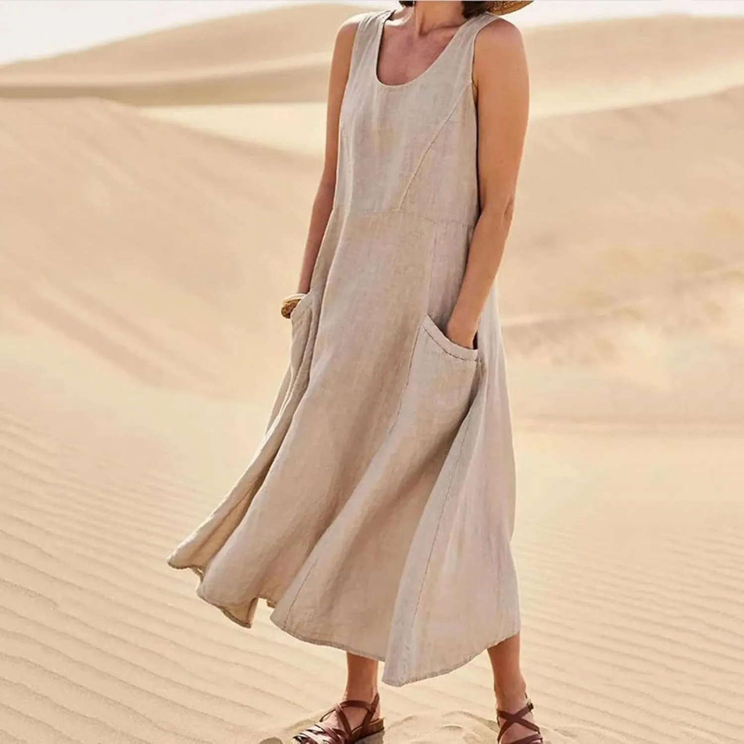 Women Midi Dresses Fashion Beach Sundress Solid Cotton Linen Sleeveless Long Dress Summer Daily Casual Maxi Dress