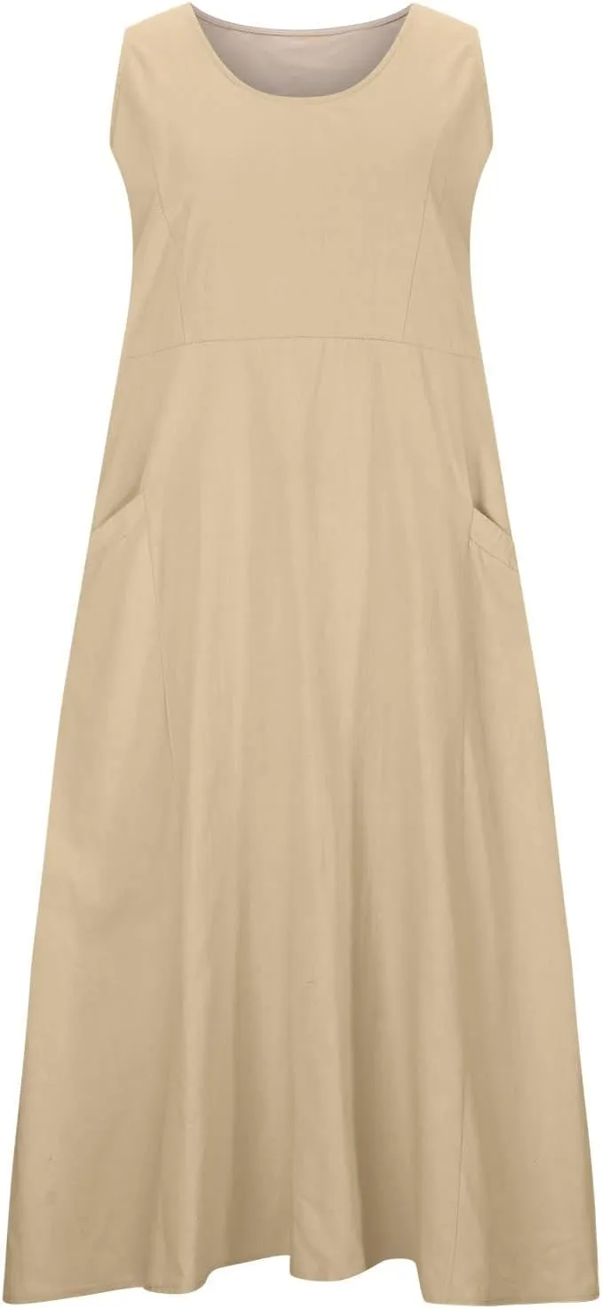 Women Midi Dresses Fashion Beach Sundress Solid Cotton Linen Sleeveless Long Dress Summer Daily Casual Maxi Dress