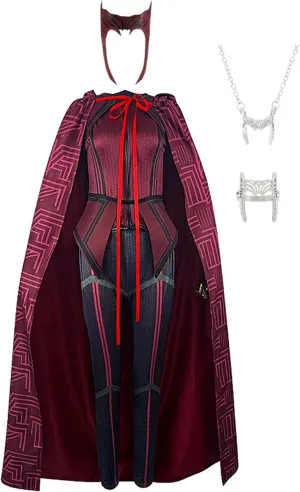 Women Wanda Maximoff Cosplay Costume Scarlet Witch Battle Suit with Cloak Headpiece Accessories for Halloween