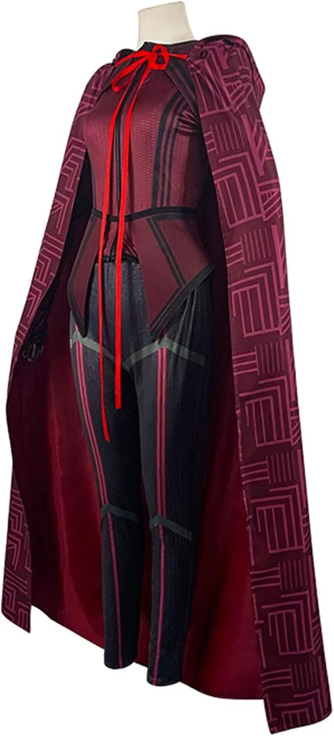 Women Wanda Maximoff Cosplay Costume Scarlet Witch Battle Suit with Cloak Headpiece Accessories for Halloween