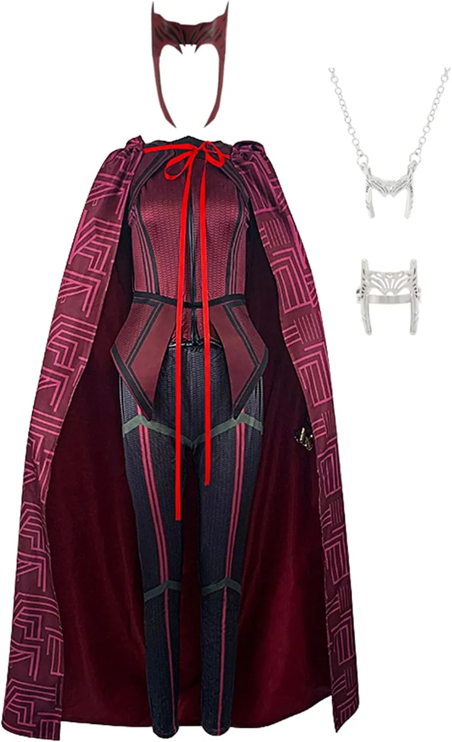 Women Wanda Maximoff Cosplay Costume Scarlet Witch Battle Suit with Cloak Headpiece Accessories for Halloween