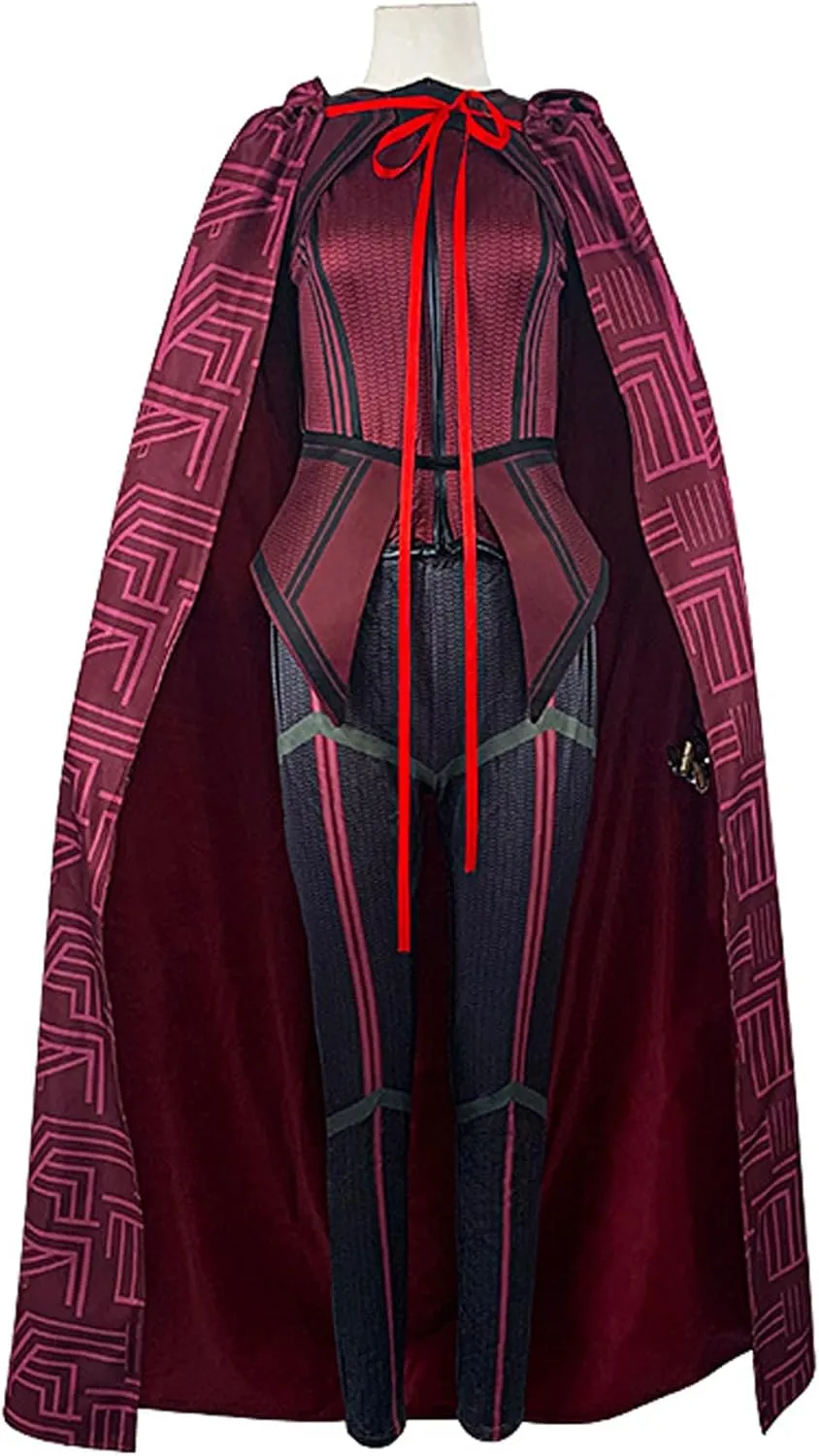 Women Wanda Maximoff Cosplay Costume Scarlet Witch Battle Suit with Cloak Headpiece Accessories for Halloween