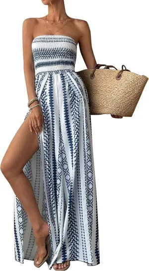 Womens Boho Wide Leg Strapless Jumpsuit For Women Summer Split Thigh Smocked Sleeveless Backless Long Pants Romper
