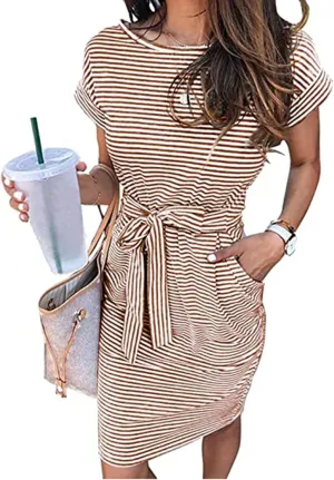 Women's Casual Dresses Fashion Crewneck Mini Dress Summer Striped Short Sleeve T Shirt Dress Tie Waist Work Dresses