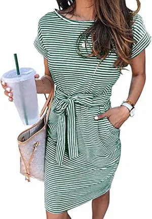 Women's Casual Dresses Fashion Crewneck Mini Dress Summer Striped Short Sleeve T Shirt Dress Tie Waist Work Dresses