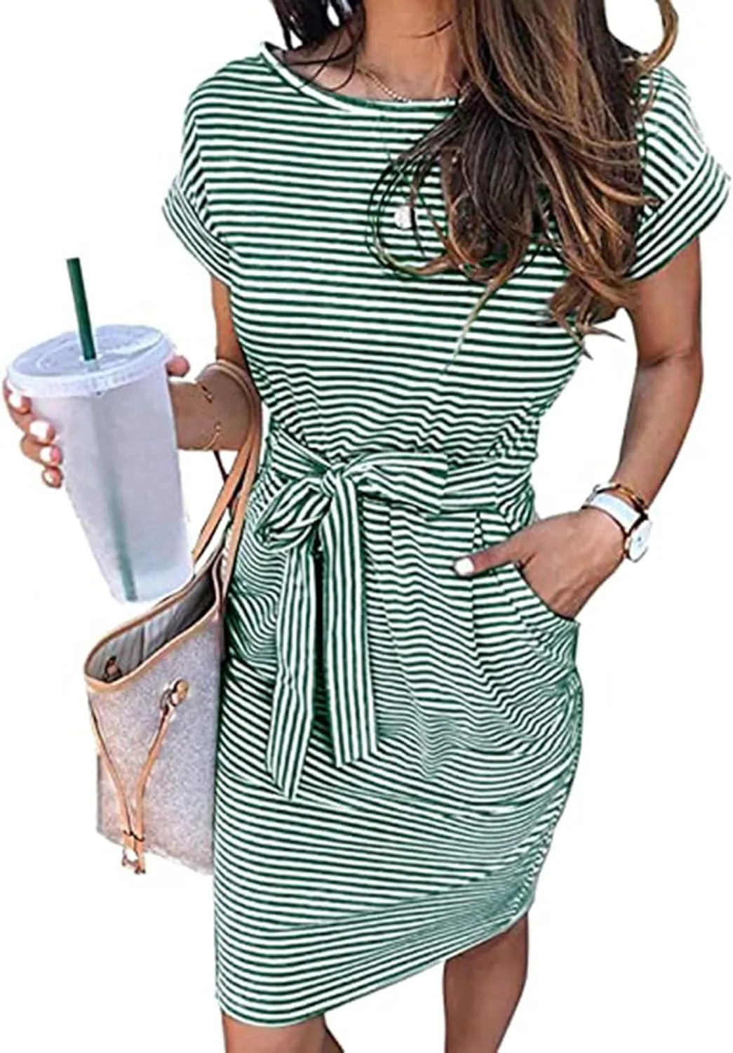 Women's Casual Dresses Fashion Crewneck Mini Dress Summer Striped Short Sleeve T Shirt Dress Tie Waist Work Dresses