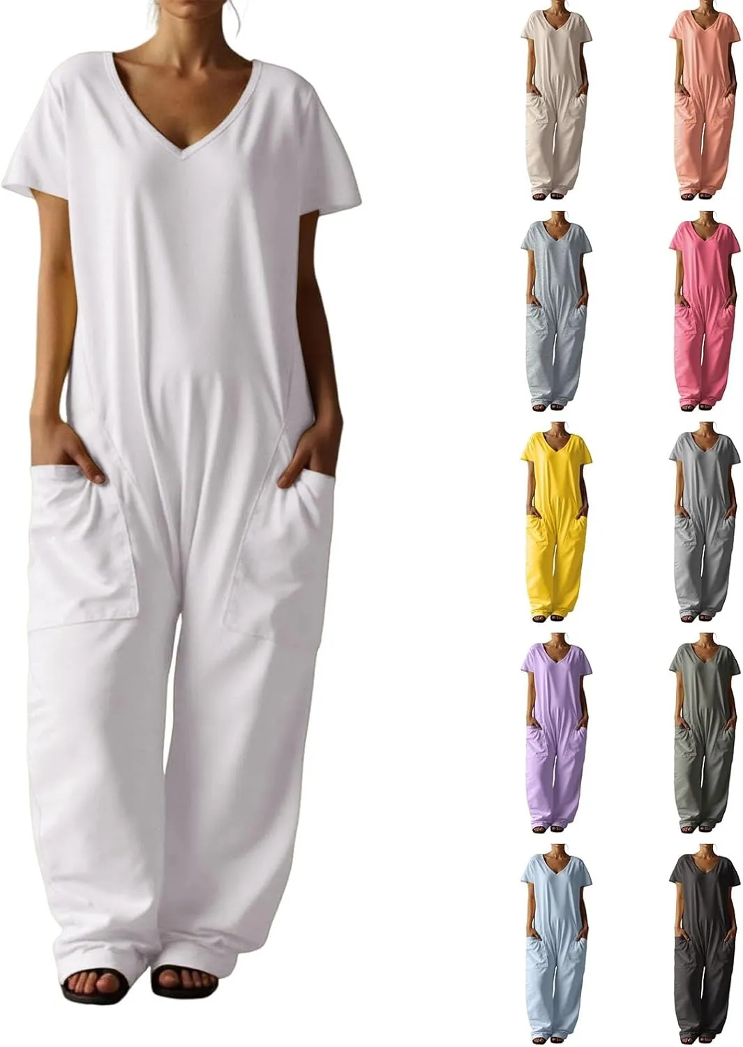 Women's Casual Jumpsuit Short Sleeve Solid Summer Clothing Long Pants Plus Size Jumpsuit Romper with Pockets