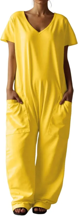 Women's Casual Jumpsuit Short Sleeve Solid Summer Clothing Long Pants Plus Size Jumpsuit Romper with Pockets