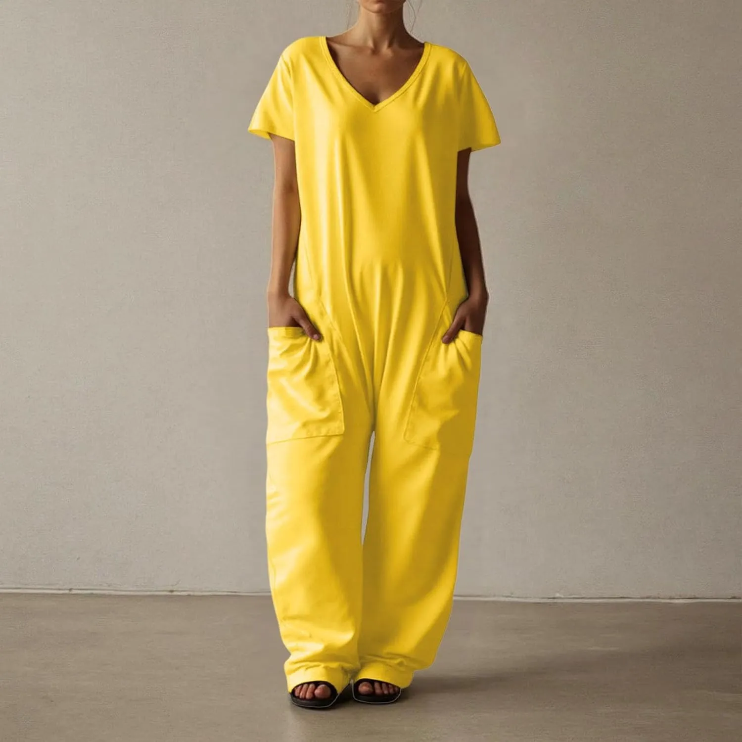 Women's Casual Jumpsuit Short Sleeve Solid Summer Clothing Long Pants Plus Size Jumpsuit Romper with Pockets