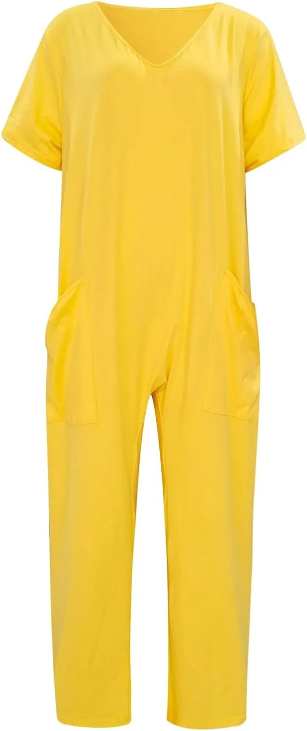 Women's Casual Jumpsuit Short Sleeve Solid Summer Clothing Long Pants Plus Size Jumpsuit Romper with Pockets