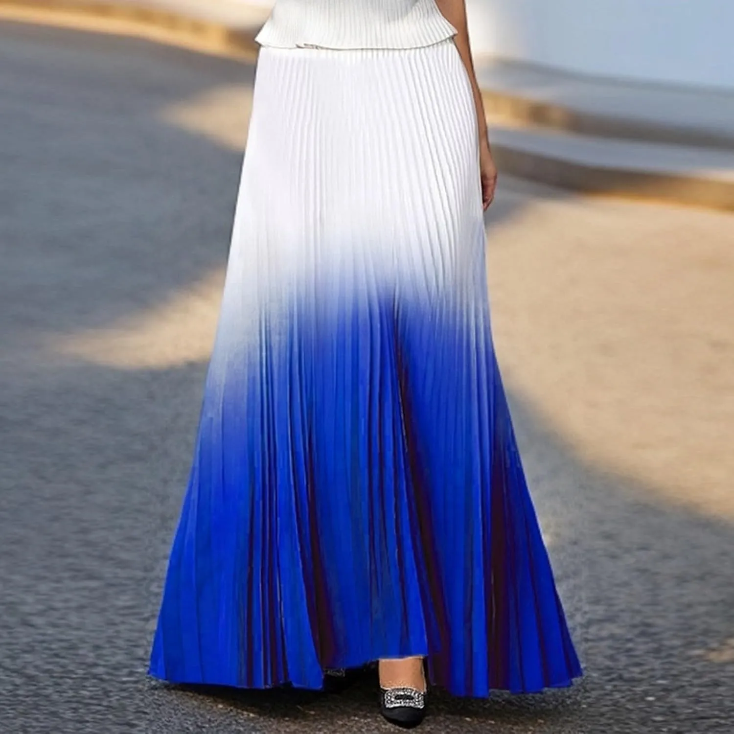 Women's Casual Pleated Gradient Summer High Waist A-line Swing Floor-Length Beach Skirt