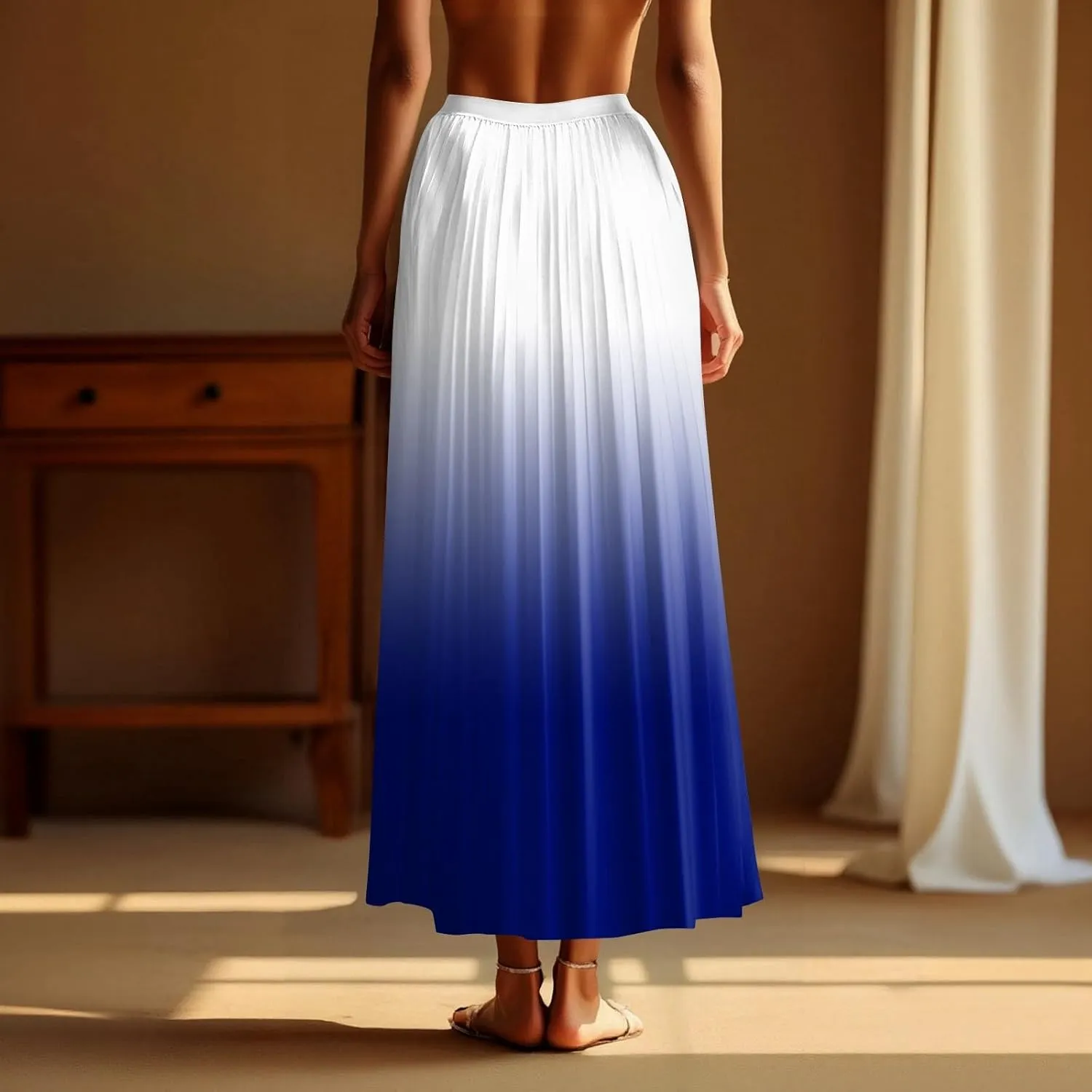 Women's Casual Pleated Gradient Summer High Waist A-line Swing Floor-Length Beach Skirt