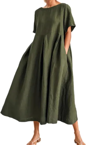 Women's Casual Plus Size Short Sleeve Long Dress Summer Crew Neck Flowy Pleated Midi Dressed with Pockets