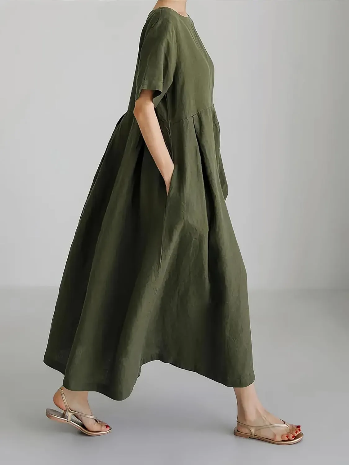 Women's Casual Plus Size Short Sleeve Long Dress Summer Crew Neck Flowy Pleated Midi Dressed with Pockets