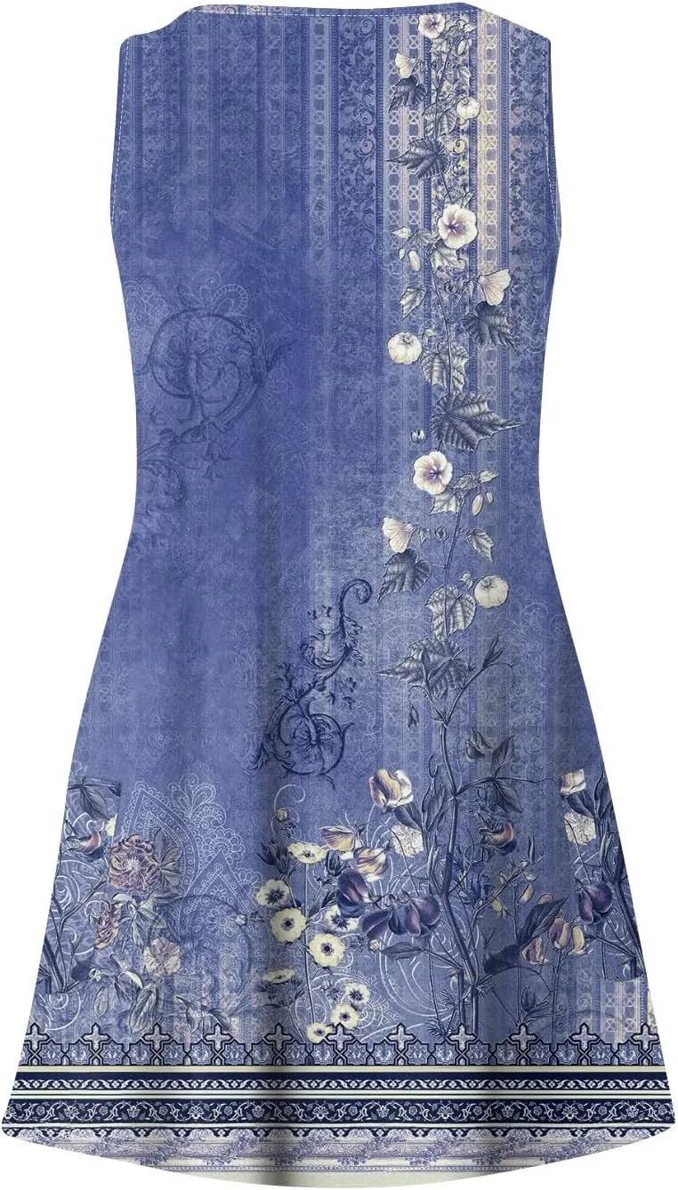 Women's Casual Summer Sundress Sleeveless A-Line Beach Dresses V Neck T-Shirts Dress with Pockets