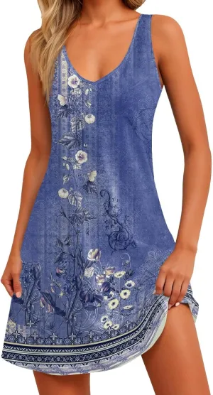 Women's Casual Summer Sundress Sleeveless A-Line Beach Dresses V Neck T-Shirts Dress with Pockets