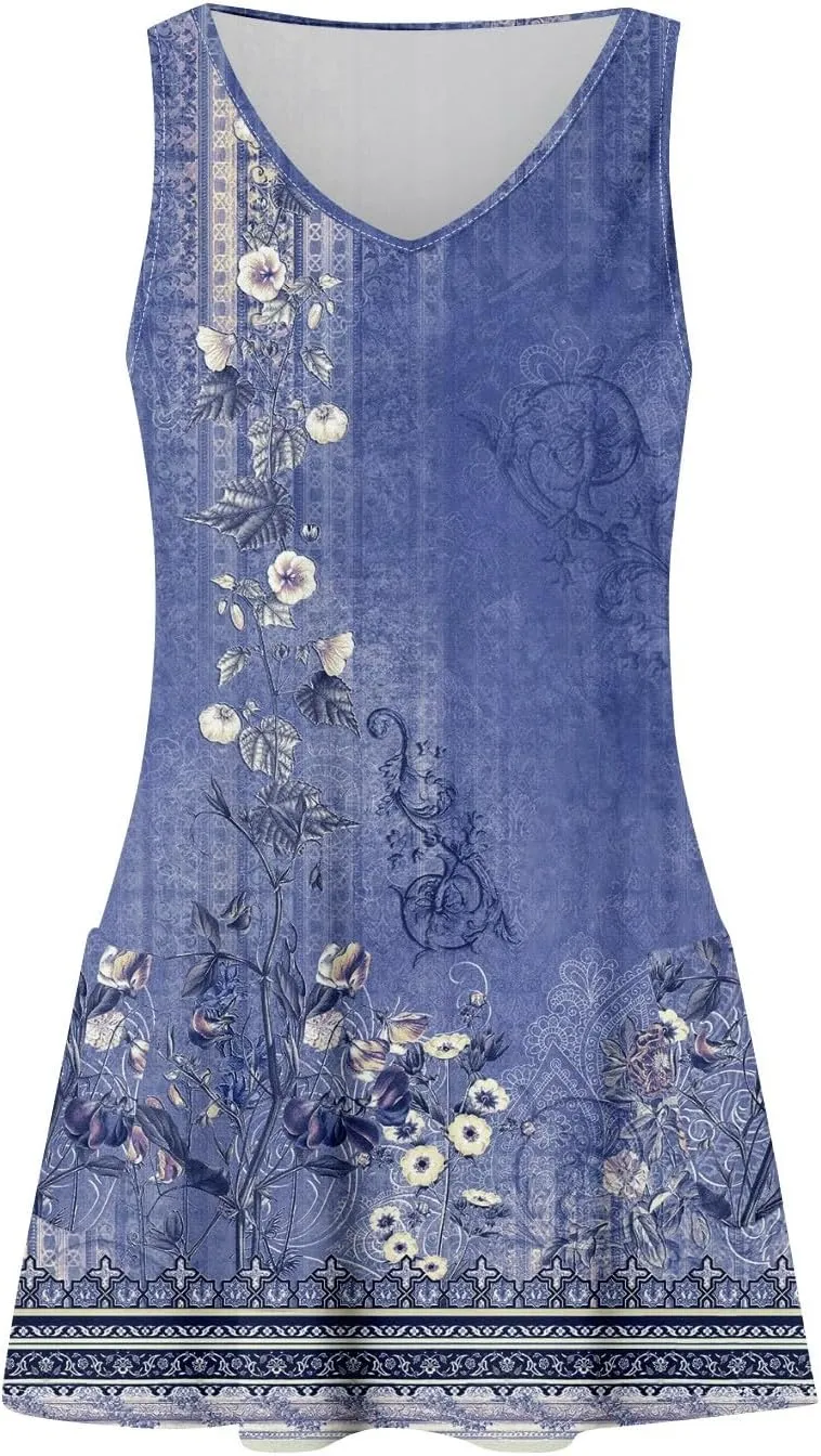 Women's Casual Summer Sundress Sleeveless A-Line Beach Dresses V Neck T-Shirts Dress with Pockets