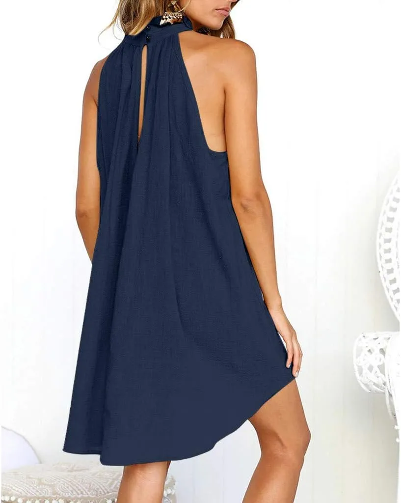 Women's Casual Tie Back Halter Neck Flared Hem Flowy Pleated Beach Sundress Sleeveless Summer A Dresses for Juniors