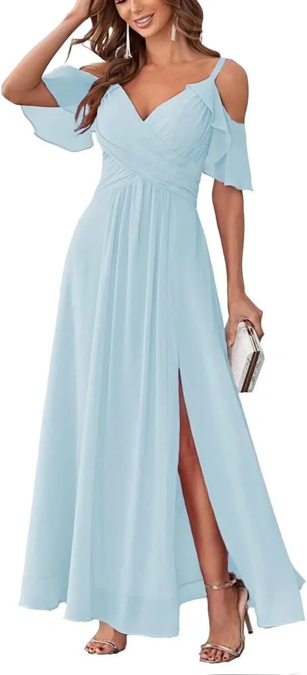 Women's Cold Shoulder Chiffon Bridesmaid Dresses Long Formal Party Dress with Slit QD095