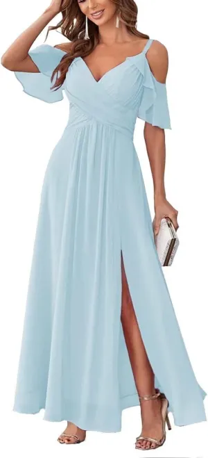 Women's Cold Shoulder Chiffon Bridesmaid Dresses Long Formal Party Dress with Slit QD095